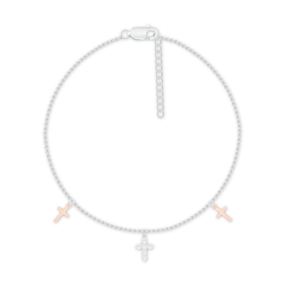 Diamond Cross Anklet 1/8 ct tw Sterling Silver & 10K Rose Gold 9"