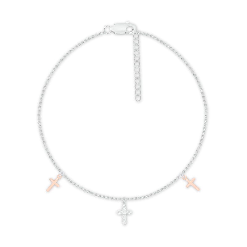 Main Image 1 of Diamond Cross Anklet 1/8 ct tw Sterling Silver & 10K Rose Gold 9&quot;