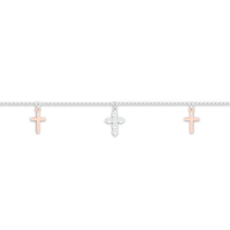 Main Image 2 of Diamond Cross Anklet 1/8 ct tw Sterling Silver & 10K Rose Gold 9&quot;