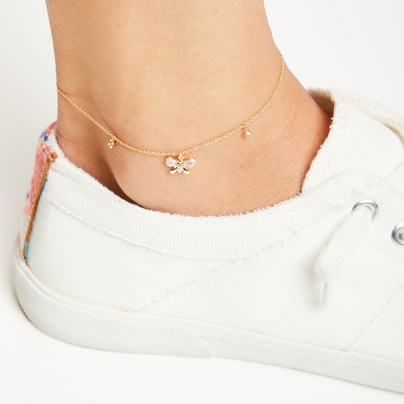 Main Image 3 of Diamond Butterfly Anklet 1/10 ct tw 10K Yellow Gold 9&quot;