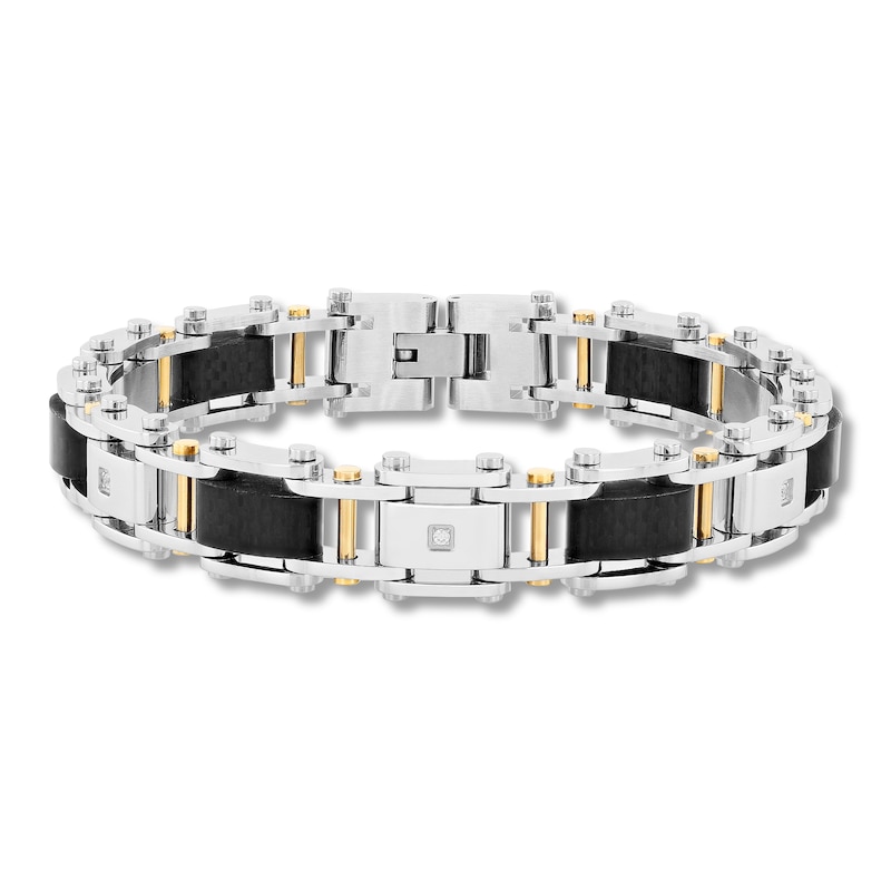 Men's Diamond Link Bracelet 1/15 ct tw Round-cut Yellow Ion-Plated Stainless Steel & Carbon Fiber 8.75"