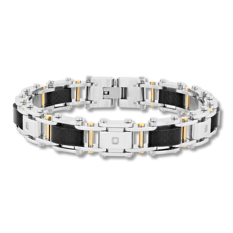 Main Image 1 of Men's Diamond Link Bracelet 1/15 ct tw Round-cut Yellow Ion-Plated Stainless Steel & Carbon Fiber 8.75&quot;