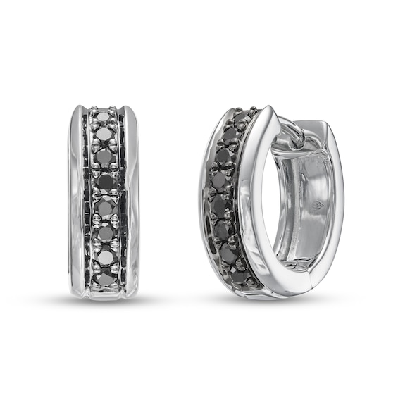 Men's Black Diamond Huggie Hoop Earrings 1/3 ct tw Round-cut 10K White Gold