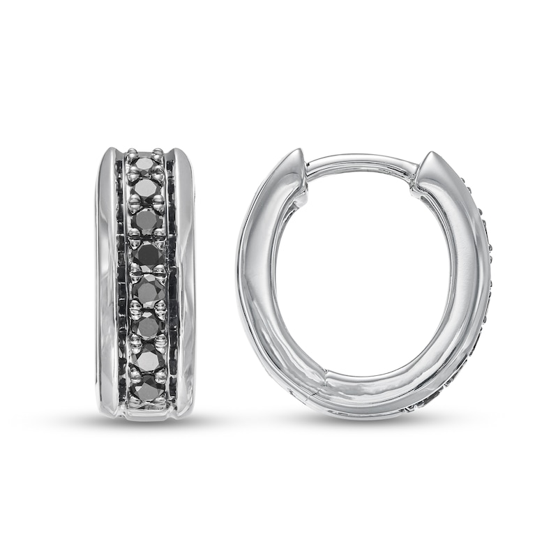 Main Image 2 of Men's Black Diamond Huggie Hoop Earrings 1/3 ct tw Round-cut 10K White Gold