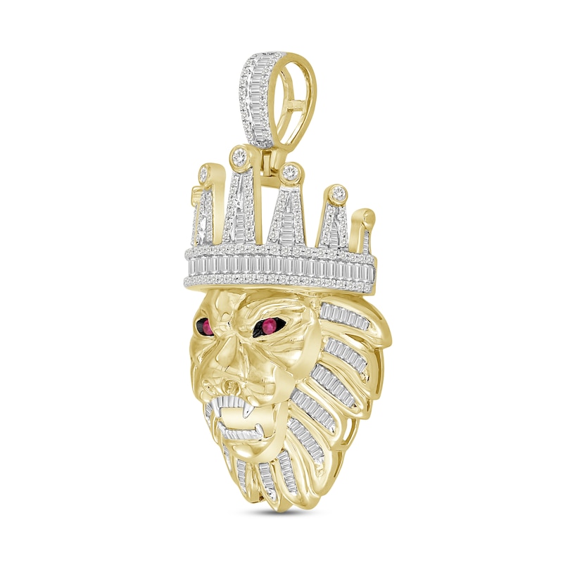 Main Image 2 of Men's Diamond & Lab-Created Ruby Pendant 1-1/2 ct tw Round & Baguette-cut 10K Yellow Gold