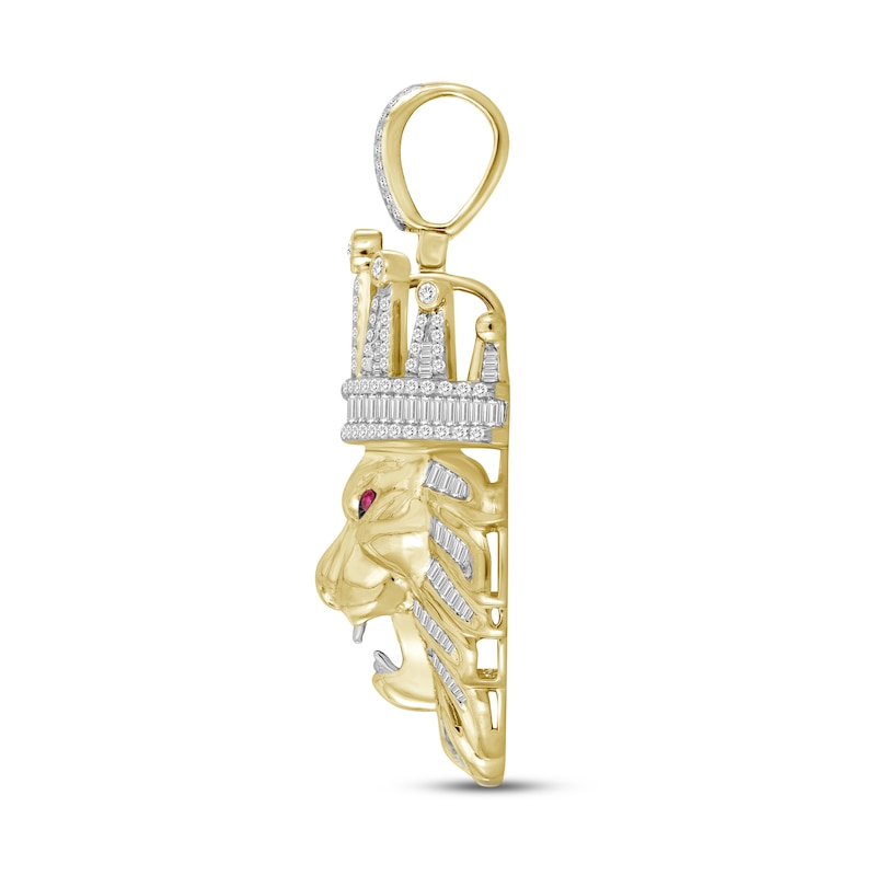 Main Image 3 of Men's Diamond & Lab-Created Ruby Pendant 1-1/2 ct tw Round & Baguette-cut 10K Yellow Gold