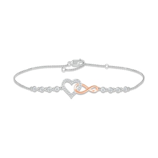 Diamond Heart Infinity Bracelet 1/8 ct tw Sterling Silver & 10K Rose Gold 7.5"