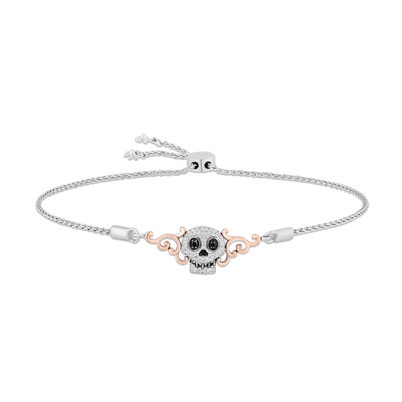 Disney Treasures Coco Black & White Diamond Sugar Skull Bolo Bracelet 1/6  ct tw Sterling Silver & 10K Rose Gold 9.5" | Kay