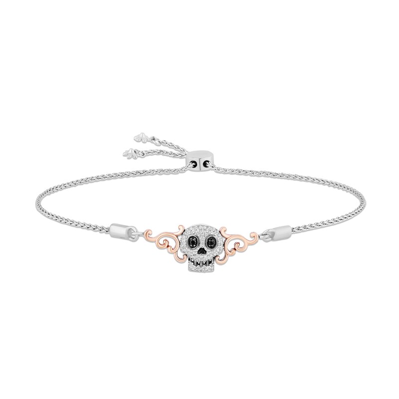 Disney Treasures Coco Black & White Diamond Sugar Skull Bolo Bracelet 1/6 ct tw Sterling Silver & 10K Rose Gold 9.5"