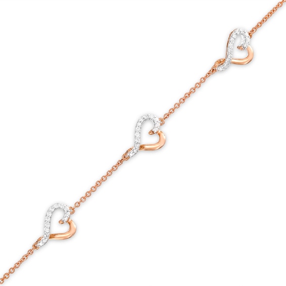 Diamond Heart Station Bracelet 1/15 ct tw Round-cut 10K Rose Gold 7.5"