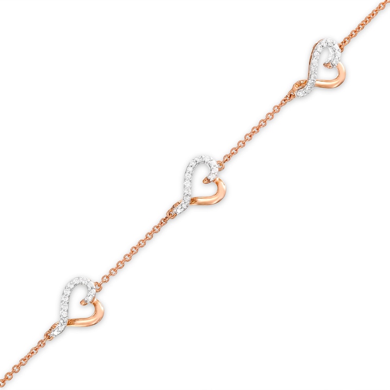 Diamond Heart Station Bracelet 1/15 ct tw Round-cut 10K Rose Gold 7.5"