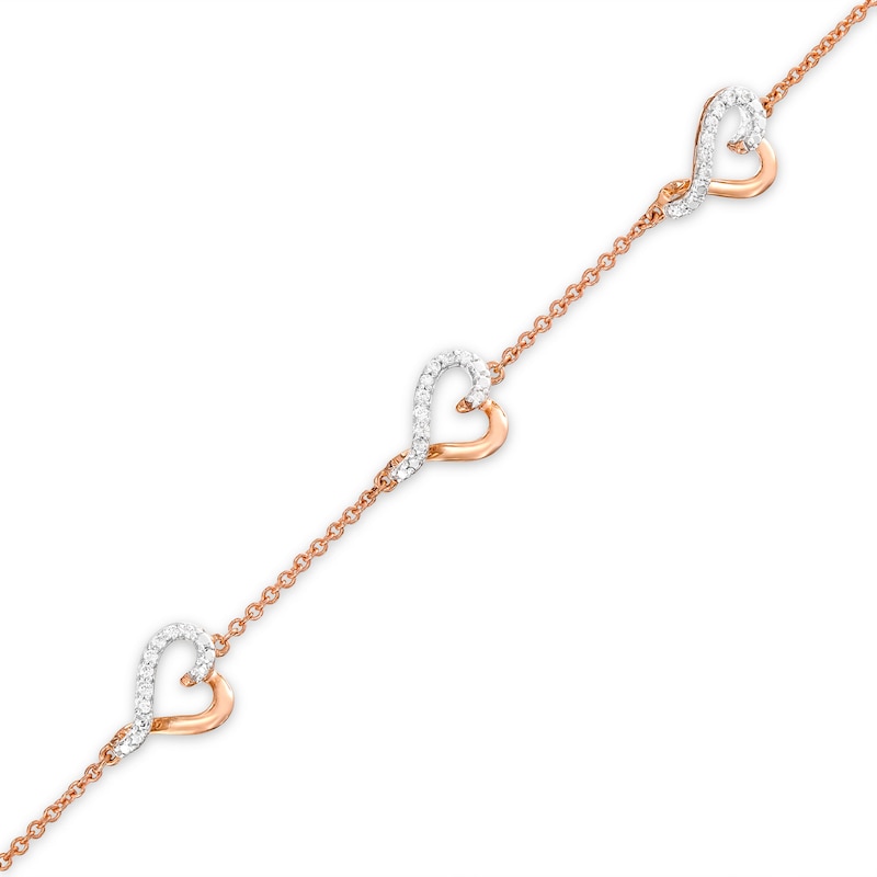 Main Image 1 of Diamond Heart Station Bracelet 1/15 ct tw Round-cut 10K Rose Gold 7.5&quot;