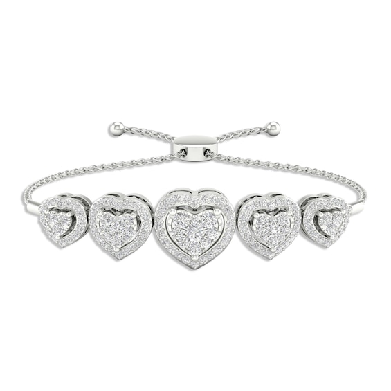 Multi-Diamond Five Heart Bolo Bracelet 1/2 ct tw Round-cut 10K White Gold