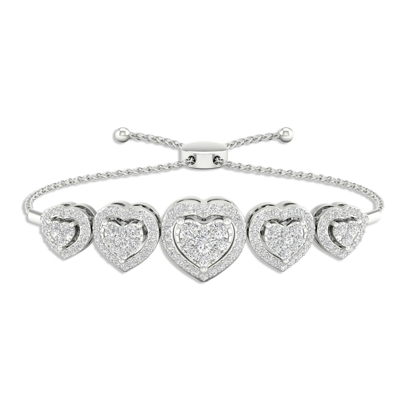 Main Image 1 of Multi-Diamond Five Heart Bolo Bracelet 1/2 ct tw Round-cut 10K White Gold