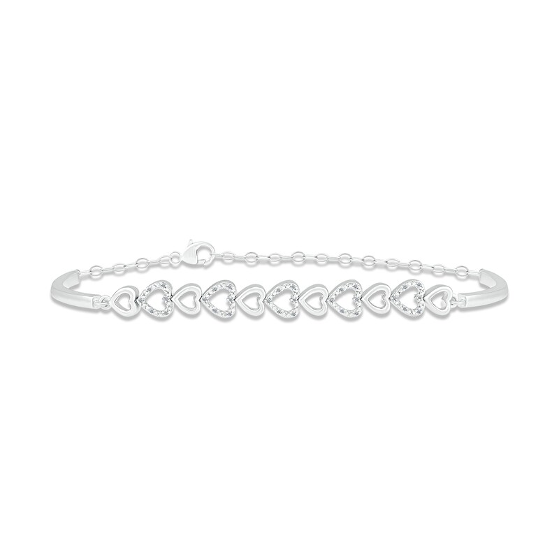 Diamond Heart Bangle Chain Bracelet 1/10 ct tw Round-cut Sterling Silver 8"