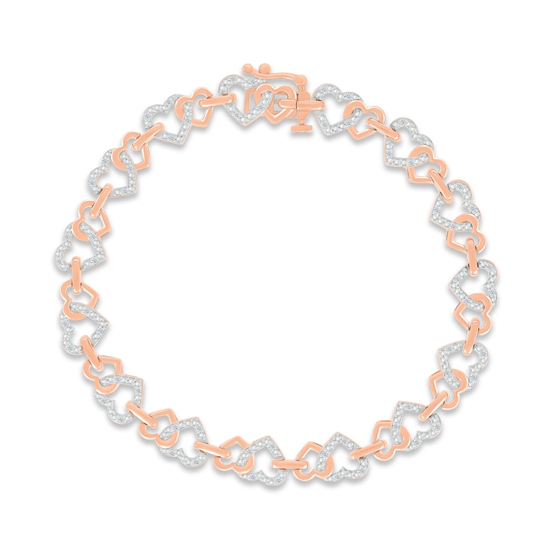 Main Image 1 of Diamond Linked Heart Bracelet 1/4 ct tw Round-cut 10K Rose Gold 7.5&quot;