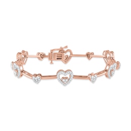 Diamond Heart Link Bar Bracelet 1 ct tw Round-cut 10K Rose Gold 7"
