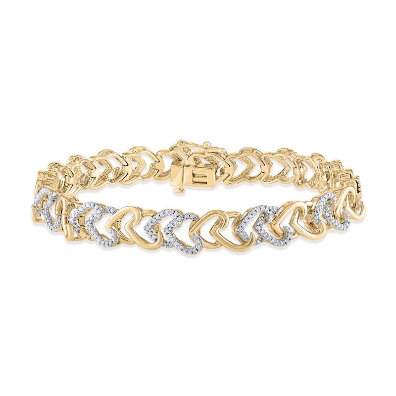 Main Image 1 of Diamond Heart Link Bracelet 1 ct tw Round-cut 10K Yellow Gold 7&quot;