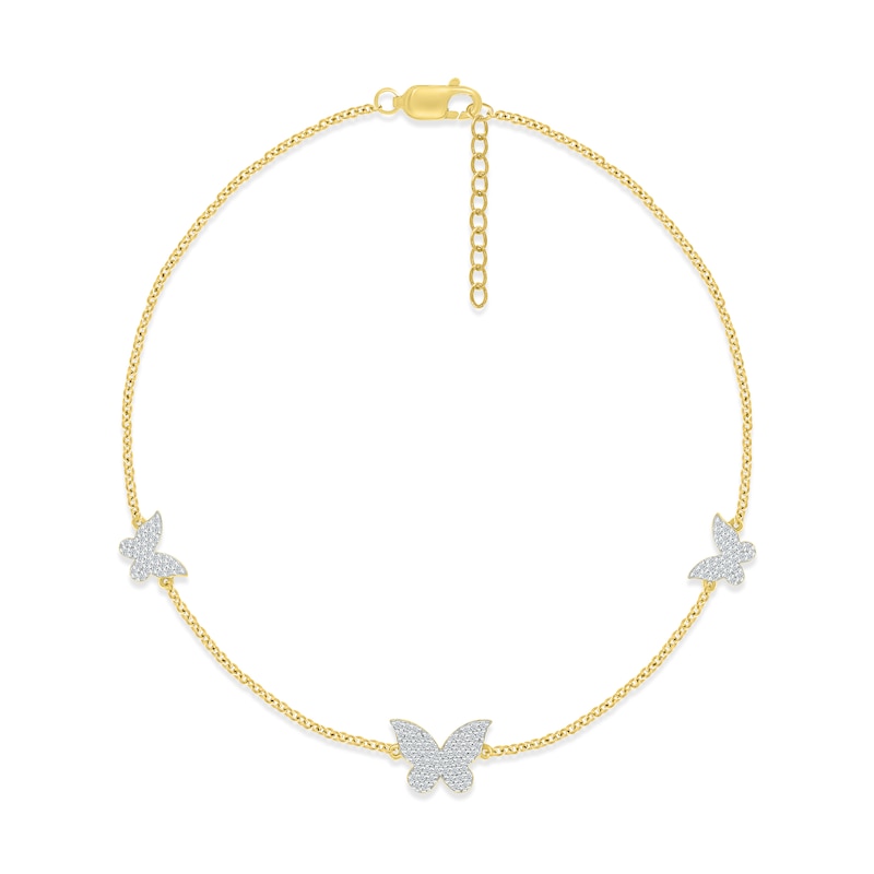 Diamond Butterfly Anklet 1/5 ct tw Round-cut 10K Yellow Gold 9"