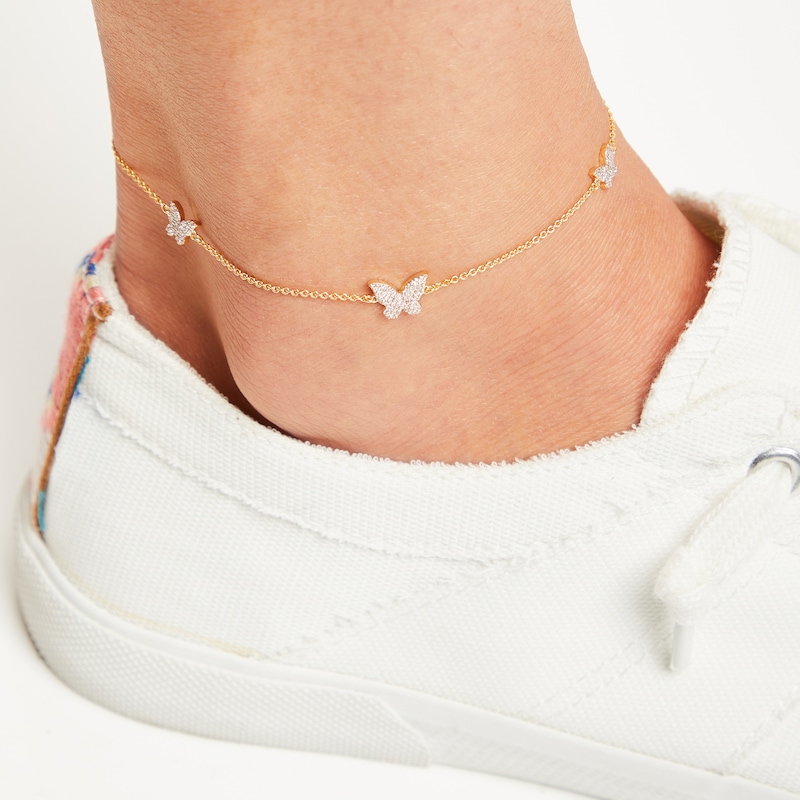 Main Image 3 of Diamond Butterfly Anklet 1/5 ct tw Round-cut 10K Yellow Gold 9&quot;