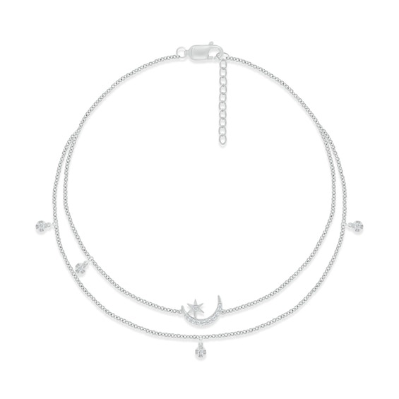 Diamond Moon & Star Double-Strand Anklet 1/8 ct tw Round-cut Sterling Silver 9"
