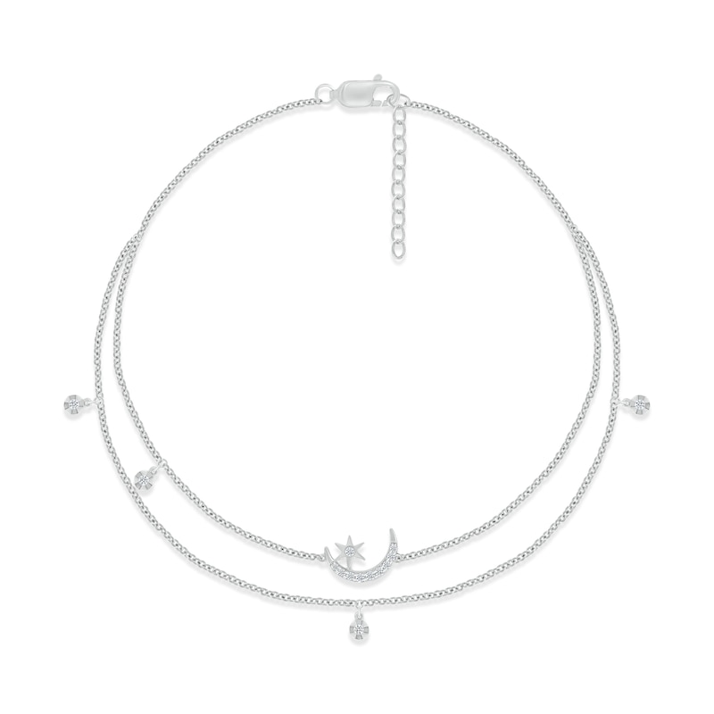 Diamond Moon & Star Double-Strand Anklet 1/8 ct tw Round-cut Sterling Silver 9"