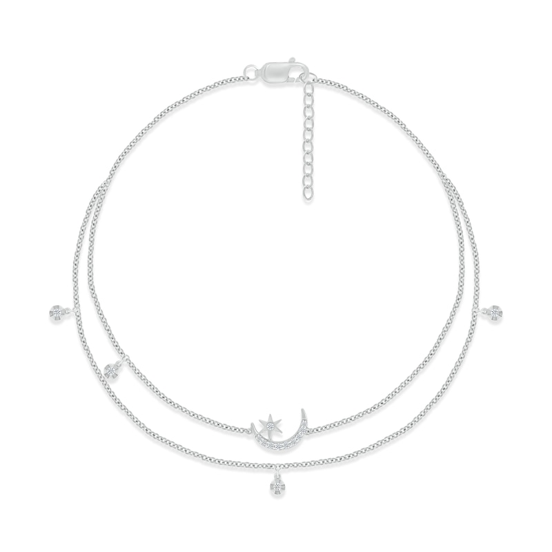 Main Image 1 of Diamond Moon & Star Double-Strand Anklet 1/8 ct tw Round-cut Sterling Silver 9&quot;