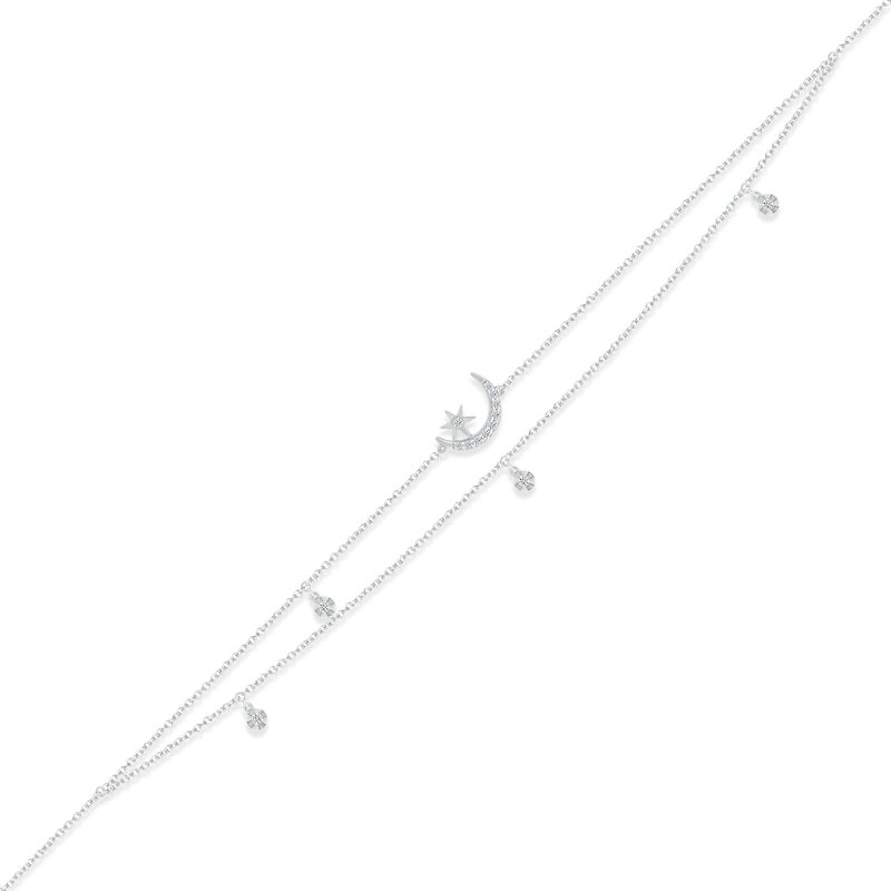 Diamond Moon & Star Double-Strand Anklet 1/8 ct tw Round-cut Sterling Silver 9"