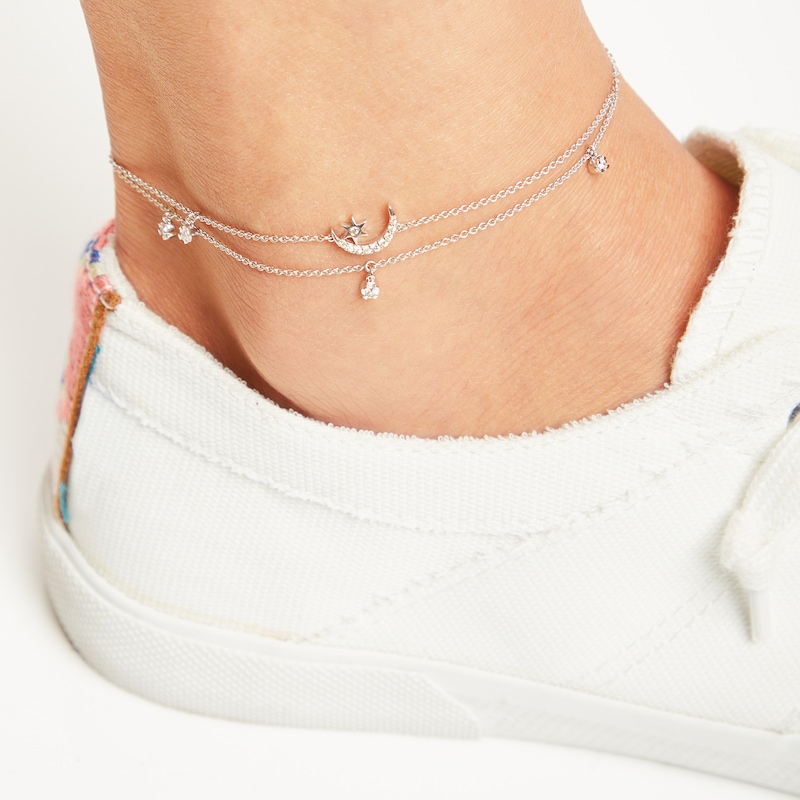 Main Image 3 of Diamond Moon & Star Double-Strand Anklet 1/8 ct tw Round-cut Sterling Silver 9&quot;