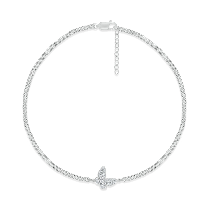 Main Image 1 of Diamond Butterfly Double-Strand Anklet 1/8 ct tw Round-cut Sterling Silver 9&quot;