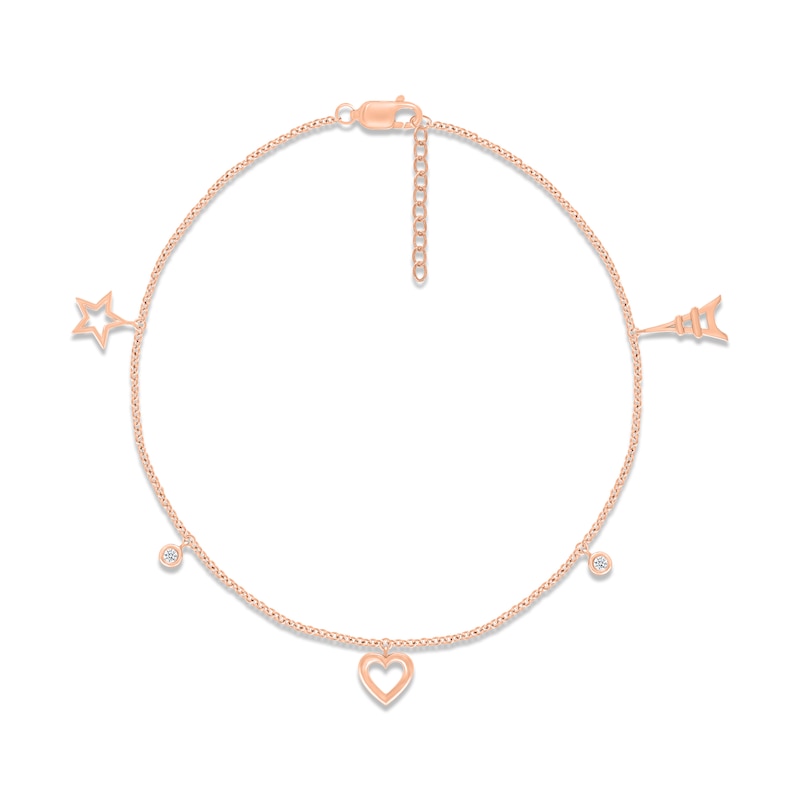 Main Image 1 of Diamond Heart, Star & Eiffel Tower Dangle Anklet 10K Rose Gold 9&quot;