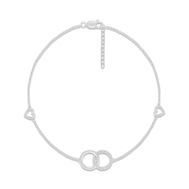 Main Image 1 of Diamond Interlocking Circle & Heart Anklet 1/15 ct tw Round-cut Sterling Silver 9&quot;