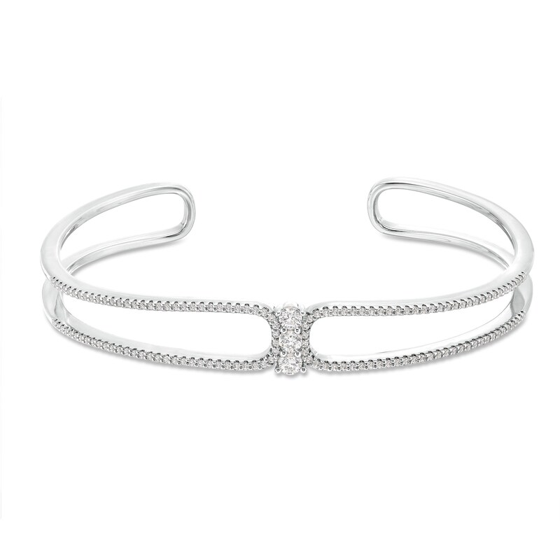 Main Image 1 of Diamond Three-Stone Cuff Bangle Bracelet 1 ct tw Round-cut 10K White Gold
