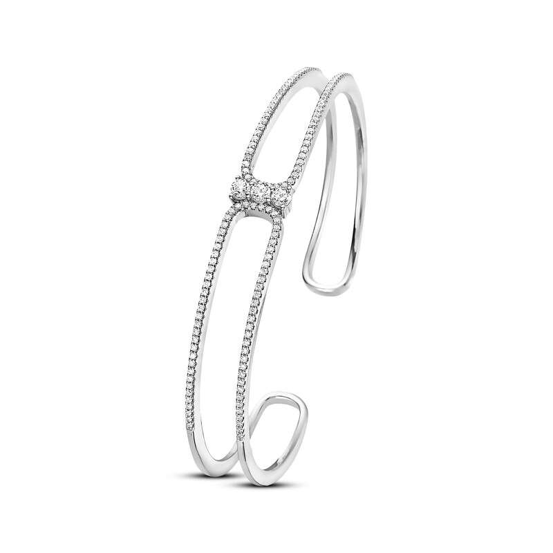 Main Image 2 of Diamond Three-Stone Cuff Bangle Bracelet 1 ct tw Round-cut 10K White Gold