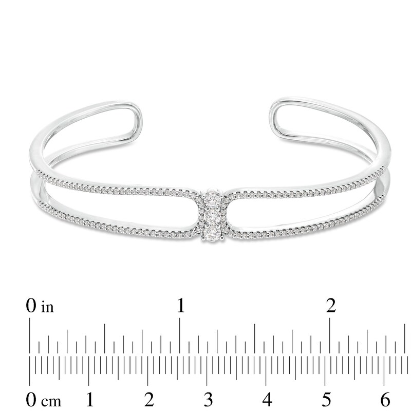 Main Image 3 of Diamond Three-Stone Cuff Bangle Bracelet 1 ct tw Round-cut 10K White Gold