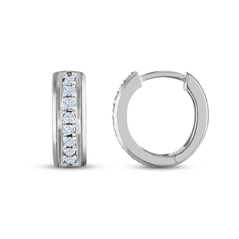 Main Image 2 of Men's Diamond Huggie Hoop Earrings 1/3 ct tw Round-cut 10K White Gold