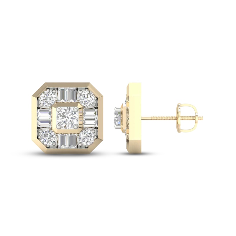 Main Image 3 of Men's KAY Lab-Grown Diamonds Earrings 1-1/2 ct tw Round & Baguette-cut 14K Yellow Gold