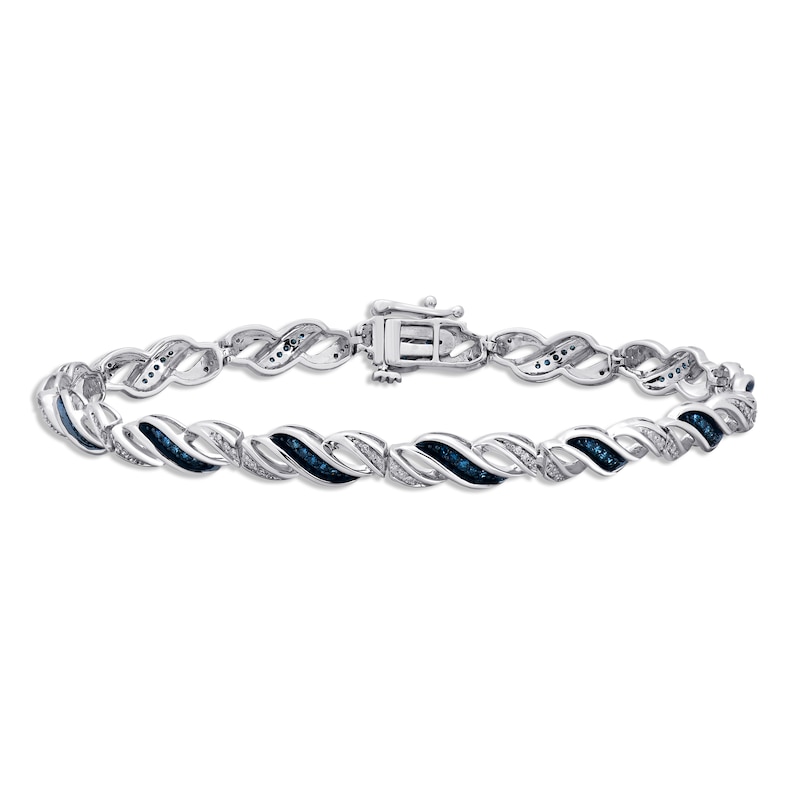 Main Image 1 of Blue & White Diamond Swirl Bracelet 1/2 ct tw Round-cut Sterling Silver 7.25&quot;