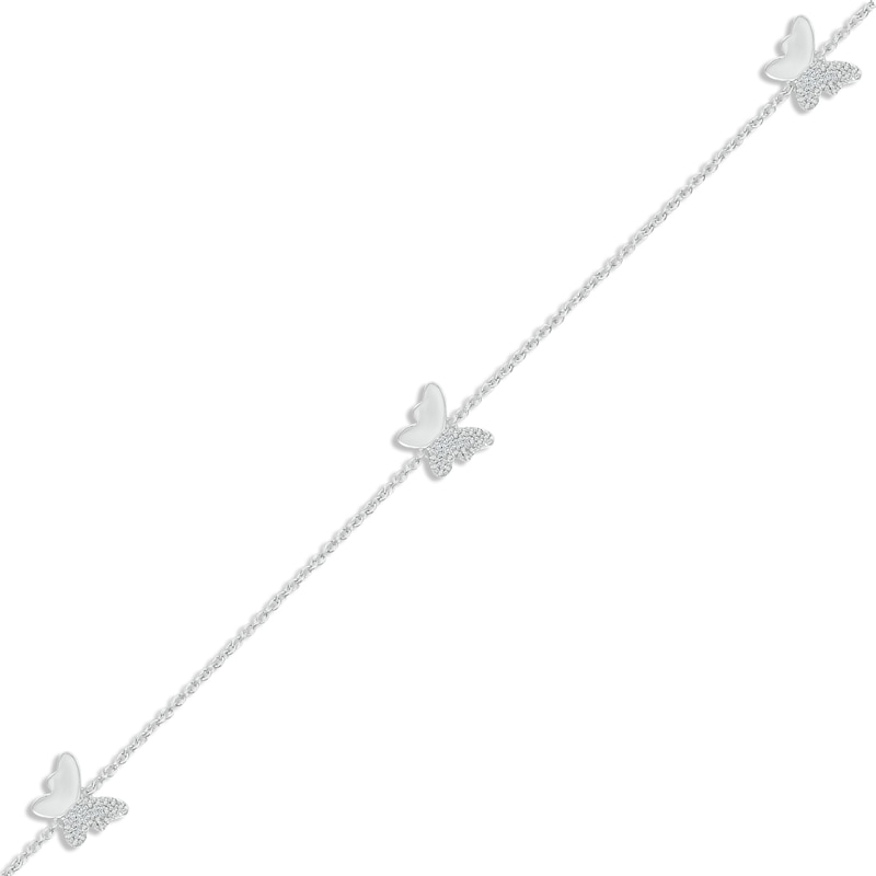 Diamond Butterfly Station Anklet 1/20 ct tw Sterling Silver 10"