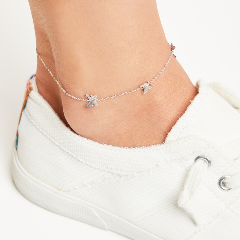 Main Image 3 of Diamond Butterfly Station Anklet 1/20 ct tw Sterling Silver 10&quot;