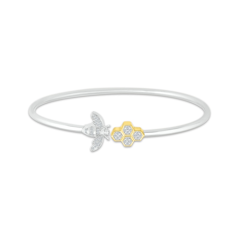Main Image 1 of Diamond Bee & Honeycomb Cuff Bangle Bracelet 1/6 ct tw Sterling Silver & 10K Yellow Gold
