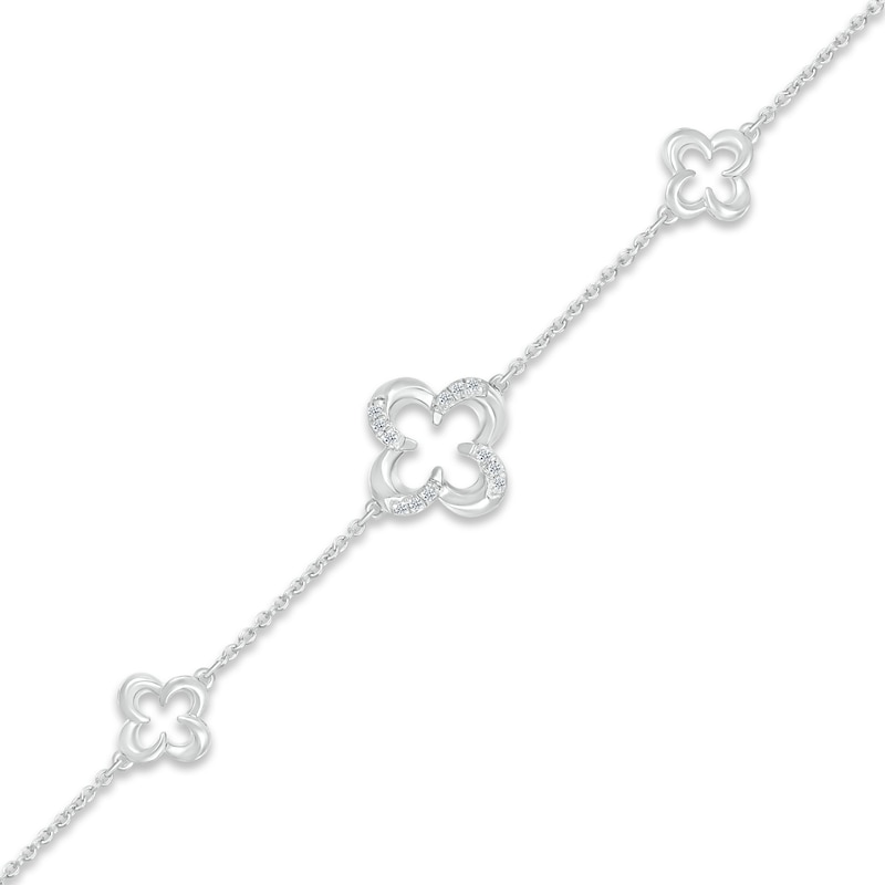 Diamond Open Clover Station Bracelet Sterling Silver 7"