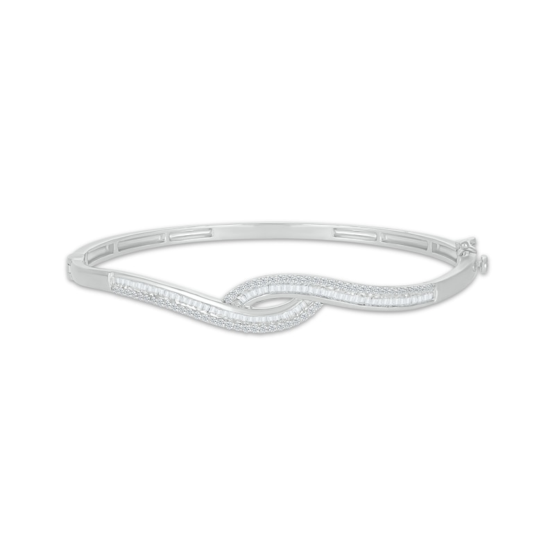 Main Image 1 of Baguette & Round-Cut Diamond Bypass Bangle Bracelet 1 ct tw 10K White Gold
