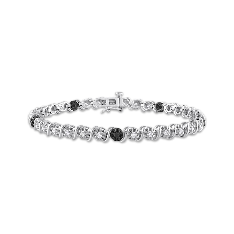 Main Image 1 of Round-Cut Black & White Diamond S-Link Tennis Bracelet 1 ct tw Sterling Silver 7.5”