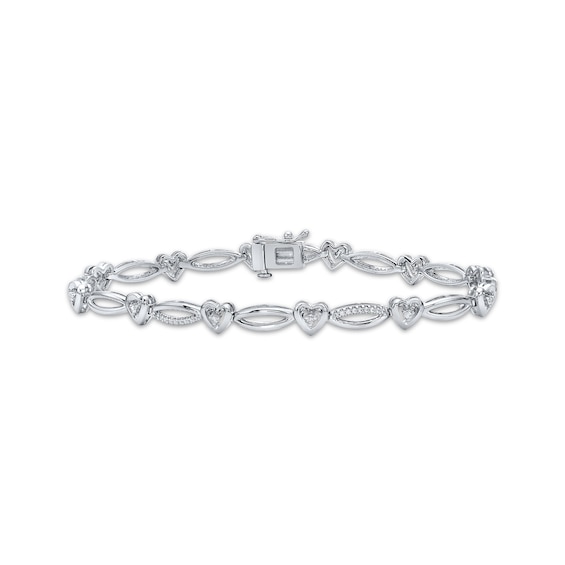 Diamond Heart & Open Link Bracelet 1/4 ct tw Sterling Silver 7"