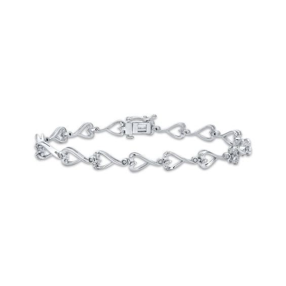 Diamond Sideways Swirling Heart Link Bracelet 1/10 ct tw Sterling Silver 7"