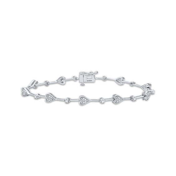 Diamond Heart Station Bracelet 1/4 ct tw Sterling Silver 7"