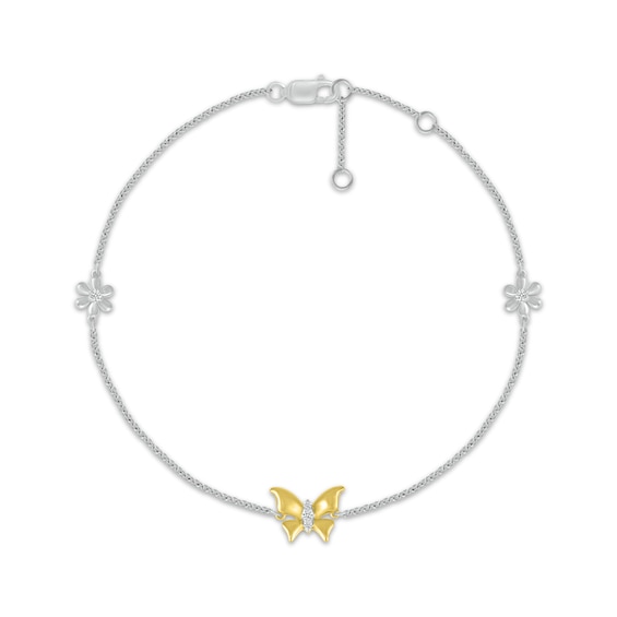 Diamond Butterfly & Flower Bracelet 1/15 ct tw Sterling Silver & 10K Yellow Gold 7.5"