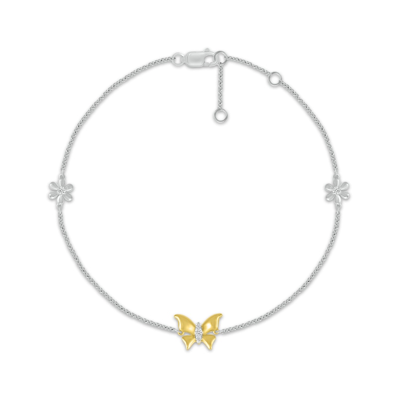 Main Image 1 of Diamond Butterfly & Flower Bracelet 1/15 ct tw Sterling Silver & 10K Yellow Gold 7.5&quot;