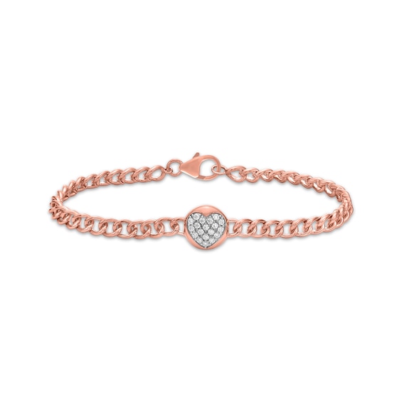 Diamond Heart Disc Cuban Curb Chain Bracelet 1/4 ct tw 10K Rose Gold 7"